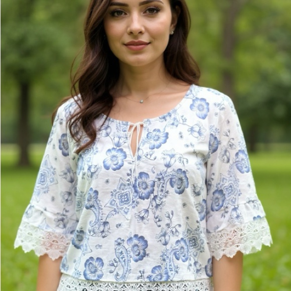 Unique Spectrum Blue and White Floral Lace Blouse